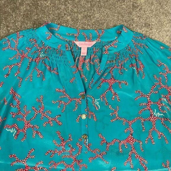 Lilly Pulitzer Women’s Small Elsa Top Blouse 100% Silk Coral Me Crazy Turquoise - Picture 3 of 7